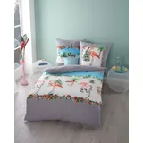 KAEPPEL Fein Biber Bettwäsche 2 TLG. Tropical Winter Flamingos Rosa Grau Bunt, Größe:155x220cm Bettwäsche