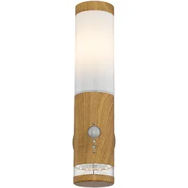GLOBO Aussenleuchte Außenlampe Bewegungsmelder Edelstahl mit Bewegungsmelder Wandlampe Aussen Edelstahl, Holz Optik mit Deko Led, 1x E27, Bxh 8,5 x 35 cm