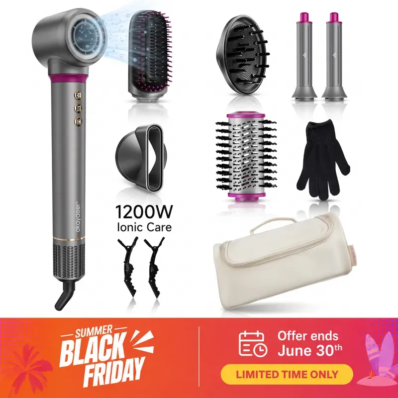 Okaydeer Air Styler mit Coanda-Effekt, 7-in-1 Hochgeschwindigkeits-Haartrockner & Automatischer Lockenstab, Ionen-Warmluftbürste für schnelles Trocknen und Stylen, Ohne extreme Hitzeschäden, Für alle Haartypen, inkl. Reiseetui, Metallgrau & Rosarot, D1