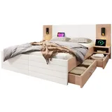 TavilaEcon Holzbett Doppelbett mit 2 Schubladen & 2 Nachtkommode, Weiß & Natur (Ohne Matratze), Kopfteil Leselicht mit USB Ladefunktion, 180×200cm weiß 255 cm x 207 cm x 80 cm