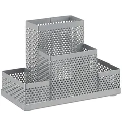 Relaxdays Schreibtischorganizer Metall, Büro Stiftehalter, Schreibtischköcher Kinder, gelocht, HxBxT: 11x16x8cm, silber