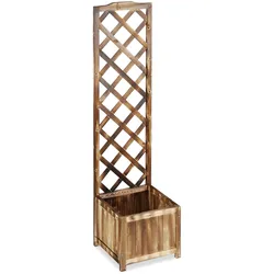 Relaxdays Rankkasten mit Rankgitter, wetterfest, Holz, für Balkon, Garten, Rosen, 25 L Kübel, 147 cm Rankhilfe, gebrannt
