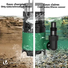 VOUNOT Schmutzwasserpumpe Tauchpumpe Schmutzwasser mit Integriertem Schwimmer, Abwasserpumpe Fördermenge 8000 l/h, Förderhöhe max 5.5 m, Eintauchtiefe max. 7 m, 10 m Anschlusskabel