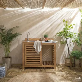home24 Gartenspültisch / Akazie Massiv | Beige - Braun/Weiß/Grau
