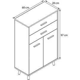 VCM Badmöbel Midischrank Seitenschrank Maße: H. 97 x B. 60 x 28 cm 2 Schubladen 2 Drehtüren 2 Fächer - Landos