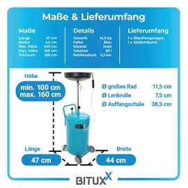 BITUXX Mobiler 80L Ölauffangwagen Ölablassgerät Altölauffang Ölwechsel Druckluft Entleerung 38,5cm Trichter