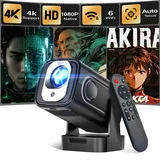 Alwtniet HY310 Mini Beamer 4K Unterstützt, 1080P Mini Projektor mit Autofokus & Automatische Trapezkorrektur, WiFi 6 Bluetooth 5.4, 5W Lautsprecher, 180° Drehbar Android Heimkino Beamer für Smartphone