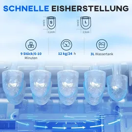 Homcom Eiswürfelmaschine, Ice Maker 9 Eiswürfel in 6-10 Min., 12kg/24h, mit 2L Wassertank, Eiswürfelbereiter mit Selbstreinigungsfunktion,
