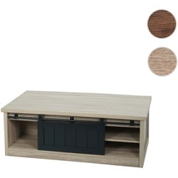 Couchtisch HWC-K75, Beistelltisch Wohnzimmertisch, Schiebet√ore 6 Stauf√§cher, Holz-Optik Metall 44x120x60cm ~ naturfarben