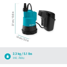 Gardena Akku-Klarwasser-Tauchpumpe 2000/2 18V P4A ohne Akku: Flachsaugende Akku-Tauchpumpe, integrierter Filter, Trockenlaufsicherung, Fördermenge 2000 l/h (14600-55)