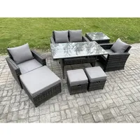 7 Sitzer Polyrattan Gartenmöbel Set Terrassenmöbel Set Mit Rattan Rechteckiger Esstisch Lounge Sofa Mit 3 Fußhockern Beistelltisch - Fimous