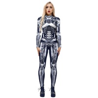 Leezeshaw Damen Roboter-Skelett-Halloween-Kostüm, Halloween-Kostüm, 3D-Roboter, Totenkopf, Skelett, Lycra, Einteiler, Bodysuit, Verkleidung für Damen, Größe S-XL