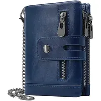 REETEE Herren Geldbörse RFID Schutz Männer Ledergeldbeutel mit Kette Doppelte Falte Herren Geldbeutel mit Münzfach Reißverschluss Portemonnaie 16 Kartenfächern Portmonee Brieftasche (Navy blau)