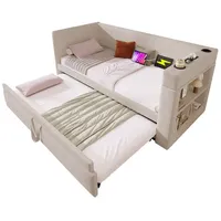 Welltin Daybett Polstertes 90x190/200 cm,Einzelbett Schlafsofa mit Ausziehbett, Armlehnen mit USB- & Type-C-Ladeanschluss, ohne Matratze beige 90 cm x 190 cm