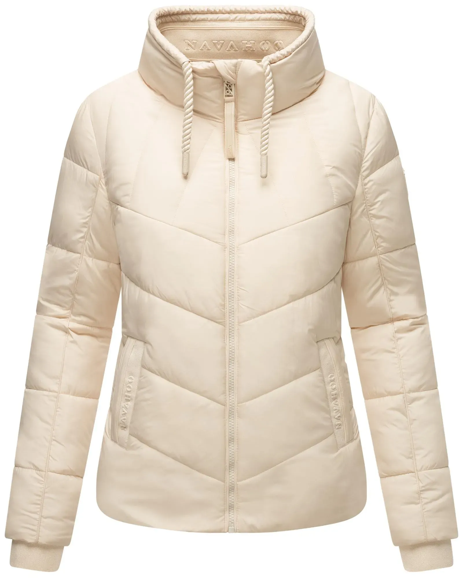 Steppjacke NAVAHOO "Liebesfee 14", Damen, Gr. M (38), beige (cream), Obermaterial: 100% Polyester (recycelt), Futter: 100% Polyester (recycelt), Ärmelfutter: 100% Polyester (recycelt), Wattierung: 100% Polyester (recycelt), modisch, figurumspielend hüftbedeckend, hoch geschlossener Ausschnitt, Langarm Ärmel ohne Ärmelschlitz Rippstrickbündchen, Jacken, gesteppte Damen Übergangsjacke mit wattiertem Stehkragen