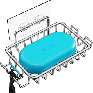 Nieifi Edelstahl Seifenschale mit Haken, Wandmontage Seifenhalter Ohne Bohren, Rostfrei, Wasserdicht Seifenablage für Dusche, Badezimmer, Küche (Silber)
