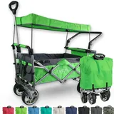 IMLEX Bollerwagen faltbar mit Dach IM-4268 Grün | Hohe Stabilität, 1X 3-Punkt Gurtsystem | Handwagen klappbar mit Schiebegriff ideal für 2 Kinder