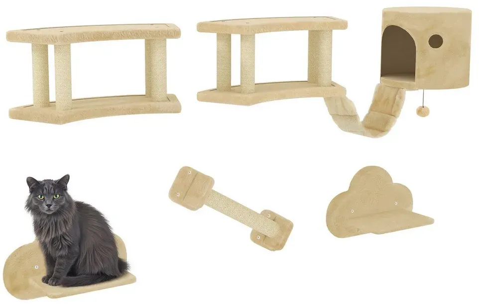 PawHut Katzen-Kletterwand mit Kratzstamm, Sprungplattformen, Leiter, Haus, Katzen-Wandgerüst, für Katzen bis 5 kg, Plüsch, Beige beige|gelb