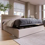 Merax Hydraulisches Boxspringbett 180x200cm Polsterbett mit Bettkasten, Holz Lattenrost und Metallrahmen, Stauraumbett Doppelbett aus Leinen, Beige - Beige