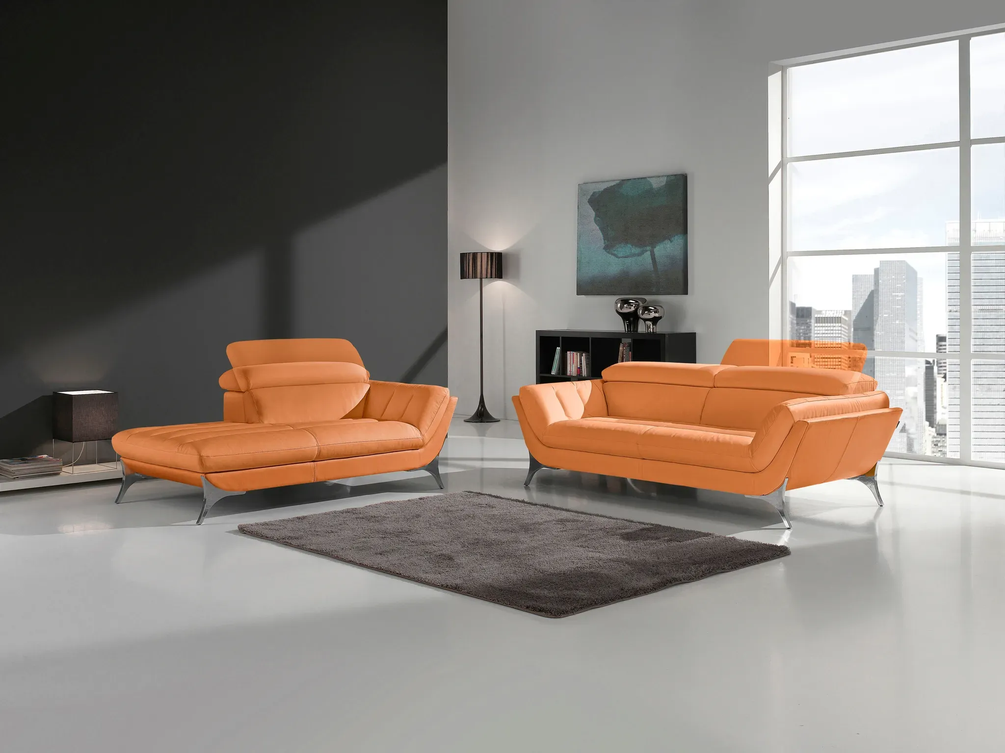 Polstergarnitur EGOITALIANO "Sueli", orange (orange,), B:180cm T:110cm, Leder »BULL« (echtes Rindsleder). Geschliffenes, pigmentiertes und behandeltes Rindsleder mit einer Dicke von 1, 3-1, 5 mm. Dieses Leder zeigt eine ziemlich weiche Hand mit einem halb undurchsichtigen Aussehen. Es handelt sich um ein geschütztes Leder. Eine leichte Deckschicht schützt sie vor Flecken, ohne ihre ursprünglichen Eigenschaften zu verändern. Die geschützten Leder kombinieren die Vorteile von Natürlichkeit und Weichheit mit einer guten Beständigkeit gegen Verschleiß und Ausbleichen. Das Vorhandensein der charakteristischen Zeichen, die das Leben des Tieres bestimmen, wie Narben, Körnungsunterschiede, Falten, Adern, Disharmonien in Farbtönen, beweisen ihre absolute Echtheit und großen Wert., Sitzmöbel-Sets, bestehend aus Sofa und Recamiere, Kopfteilverstellung, Bezug Leder