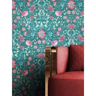 Newroom Vliestapete, Grün Tapete Floral Blumen - Vintage Blumentapete Petrol Rot Romantisch 3D Optik Blätter Vögel für Schlafzimmer Wohnzimmer Küche grün