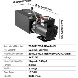 Vevor Hydraulikpumpe AC 220 V, 15 Qt einfachwirkend, 6,3 L/min Ölfluss, max. Förderdruck 22 MPa
