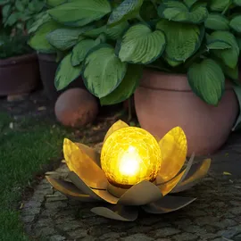 ETC Shop Gartendeko Solarlampen für Außen Lotosblume Tischdeko Gartentisch Garten Solarleuchte für Balkon, Mondsichel mit Stein Optik Grau Gold, LED, 2er Set