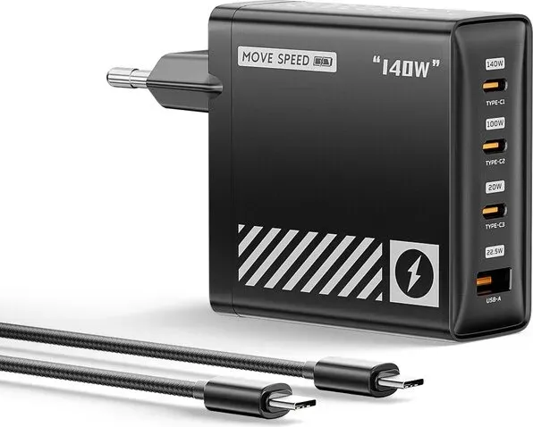 MOVESPEED 140 W USB-C-GaN-Ladegerät, Laptop-Ladegerät, PD 3.1 Schnellladegerät mit 4 Anschlüssen für mehrere Geräte, kompatibel mit MacBook Pro/Air, iPhone 17 Pro/Air/17/16, iPad, Galaxy S24/S23+/S22 Ultra, HC-TR271A-EU, schwarz