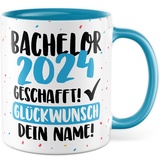 Tasse personalisiert Bachelor Geschenk Bachelor 2024 geschafft - Glückwunsch dein Name Geschenkidee Kaffee-Becher Kaffeetasse Tasse mit Spruch personalisierbar eigener Name Schulabschluss (Bachelor)