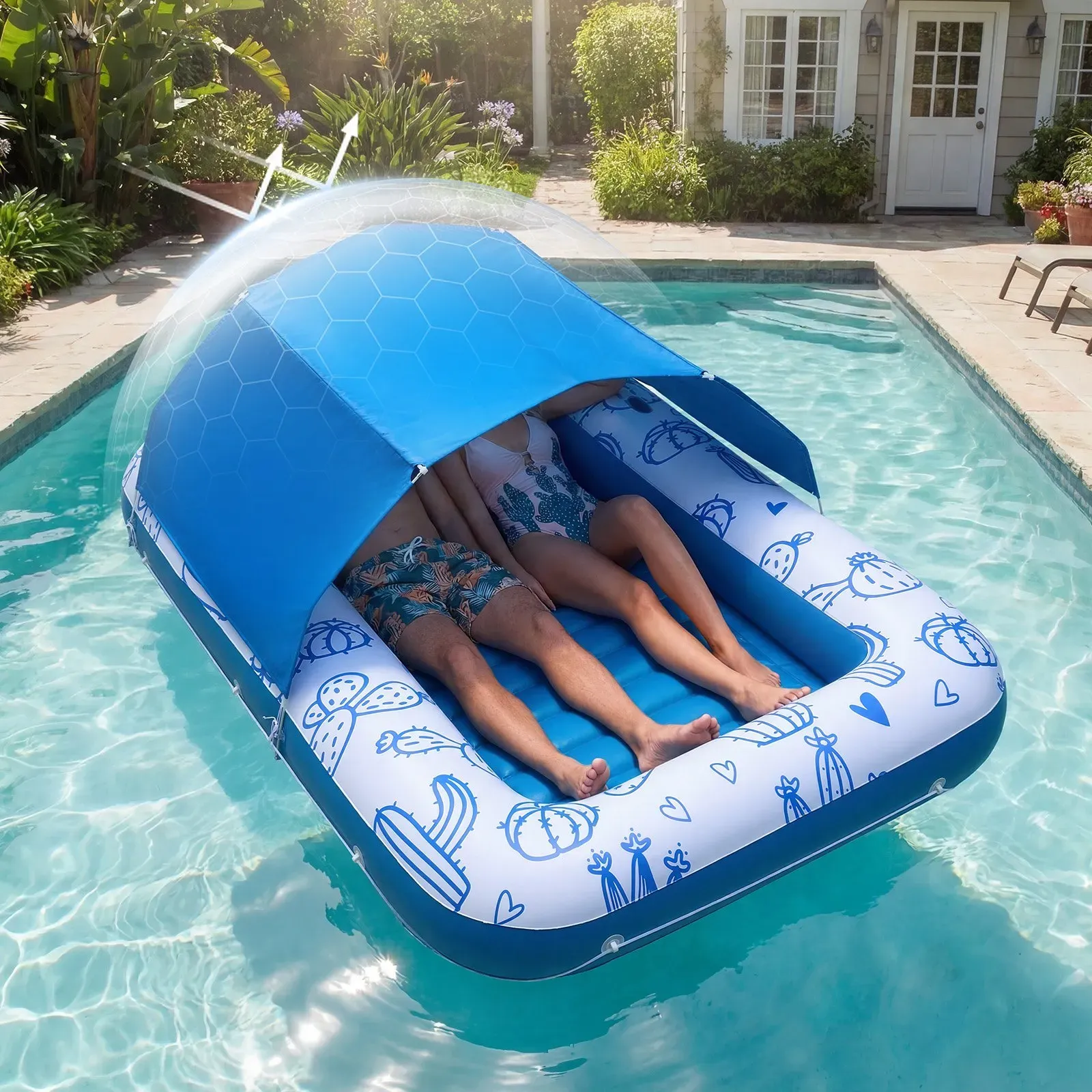 VEVOR Aufblasbare Schwimmmatratze 208 x 140 cm, Luftmatratze Pool mit Abnehmbarem UPF 50+ Sonnendach, 250 kg Belastbare Badeinsel für 2 Personen, inkl. Kissen Handy- & Getränkehalter für Pool & Meer