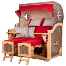 Mr. Deko bene,iving Strandkorb Komplettset Ammersee Grande XL Teak Bullauge PE grau Modell 585 inkl. Liftersystem Schutzhülle Doppelrollen Glasbecherhalter
