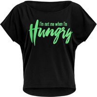 WINSHAPE Damen ultra leichtes Modal-Kurzarmshirt MCT002 mit neon grünem „I am not me when I am hungry” Glitzer-Aufdruck, Winshape Dance Style