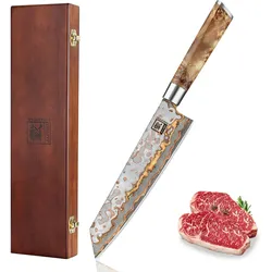 Zayiko MysticMagma Kiritsuke I 20,5cm Klinge I Damaststahl mit Kupfer-Bronze-Einlage I Ahornholzgriff