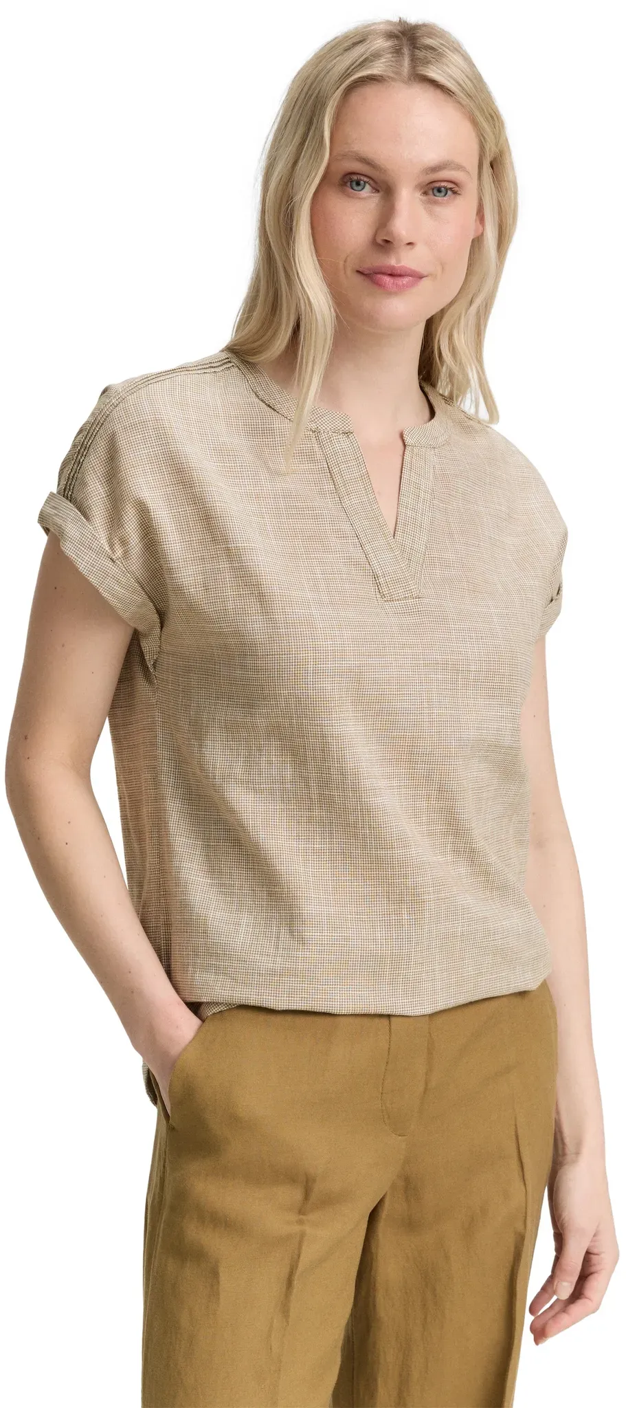 Kurzarmbluse im Tunika-Style, kariert, Gr. 46, nutria olive, , 69847240-46