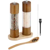 Relaxdays Salz- und Pfeffermühle Set, Untersetzer, Keramikmahlwerk, Holz & Acryl, manuelle Mühlen, braun/transparent