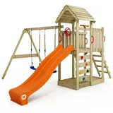 Wickey Spielturm Klettergerüst MultiFlyer Holzdach, Schaukel & Rutsche, Kletterturm mit Sandkasten, Leiter & Spiel-Zubehör - orange