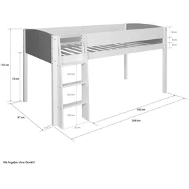 Homestyle4u Hochbett 90 x 200 cm Kiefer massiv lackiert weiß grau