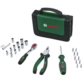 Bosch Mobility-Handwerkzeug-Set, 26-teilig (kompaktes und mobiles Werkzeug-Set für Heimwerkerarbeiten und unterwegs; 1/4"-Ratsche; Kombizange; Universalschraubendreher; in Stofftasche)