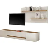 furn.design Wohnwand, Weiß, Eiche Wotan, Kunststoff, Nachbildung,Eiche, Uni, Holz Optik, 2 Schubladen, 300x180x45 cm, Wohnzimmer, Wohnwände, Anbauwände