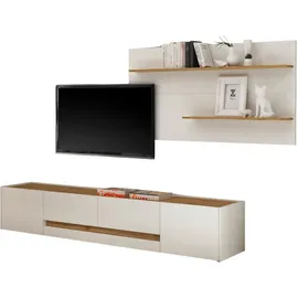 furn.design Wohnwand, Weiß, Eiche Wotan, Kunststoff, Nachbildung,Eiche, Uni, Holz Optik, 2 Schubladen, 300x180x45 cm, Wohnzimmer, Wohnwände, Anbauwände
