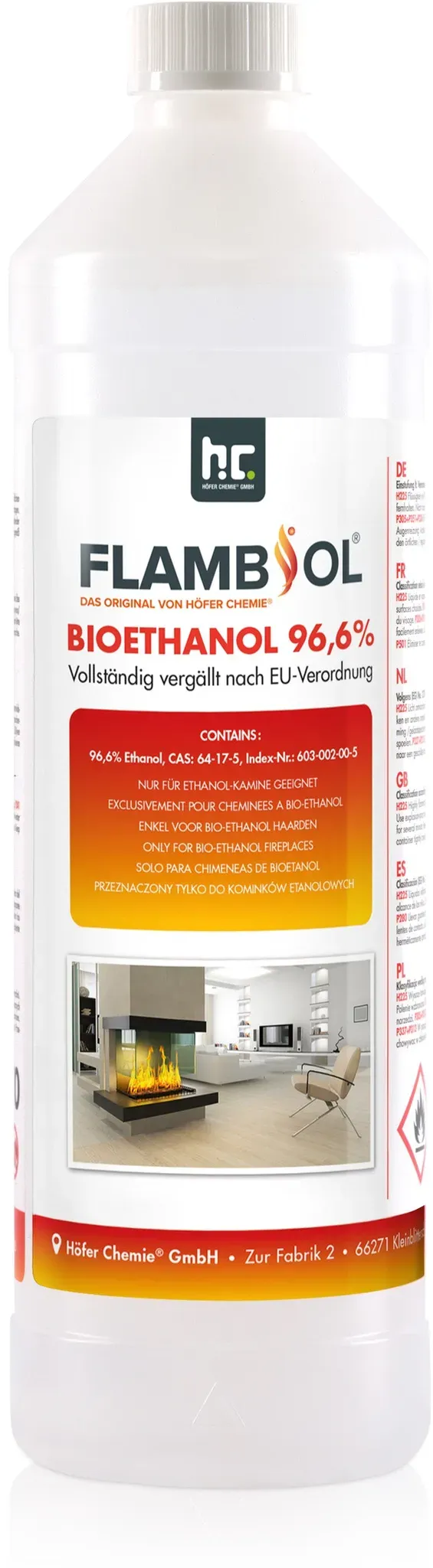 1x 1 L Bioéthanol à 96,6% dénaturé  en bouteille de 1L