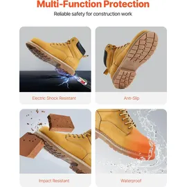 Vevor Arbeitsstiefel mit Stahlkappe, US-Größe 12, Arbeitsschuhe für Herren, Sicherheitsschuhe, leichte und atmungsaktive Herrenstiefel mit Gummisohle für Industrie und Bau, Braun Gelb