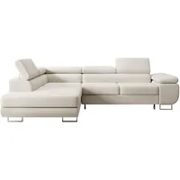 Selsey Stevil - L-Sofa mit Schlaffunktion, Bettkasten, Ottomane links, Veloursbezug Hellbeige