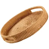 CUCUFA Rattan-Speicher-Tablett, runde Servierfach gewebt Snack-Lagerkorb mit Griffe Rattan-Tisch-Tablett, zum Frühstück, Getränke, Snack für 35cm
