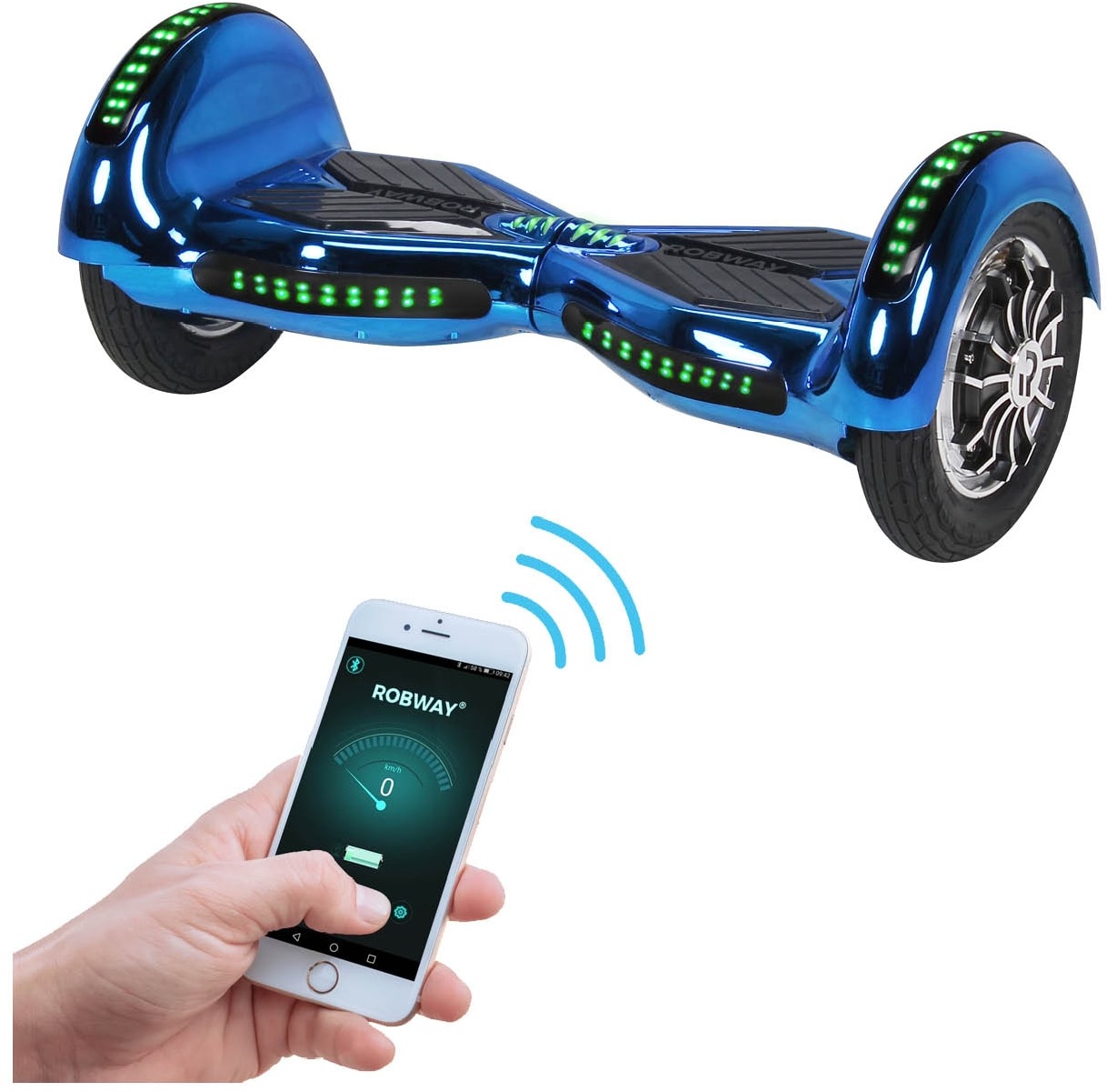 ROBWAY W3 Hoverboard für Erwachsene und Kinder, 10 Zoll Self-Balance-Scooter, Bluetooth, App, 800 Watt (Blau Chrom)