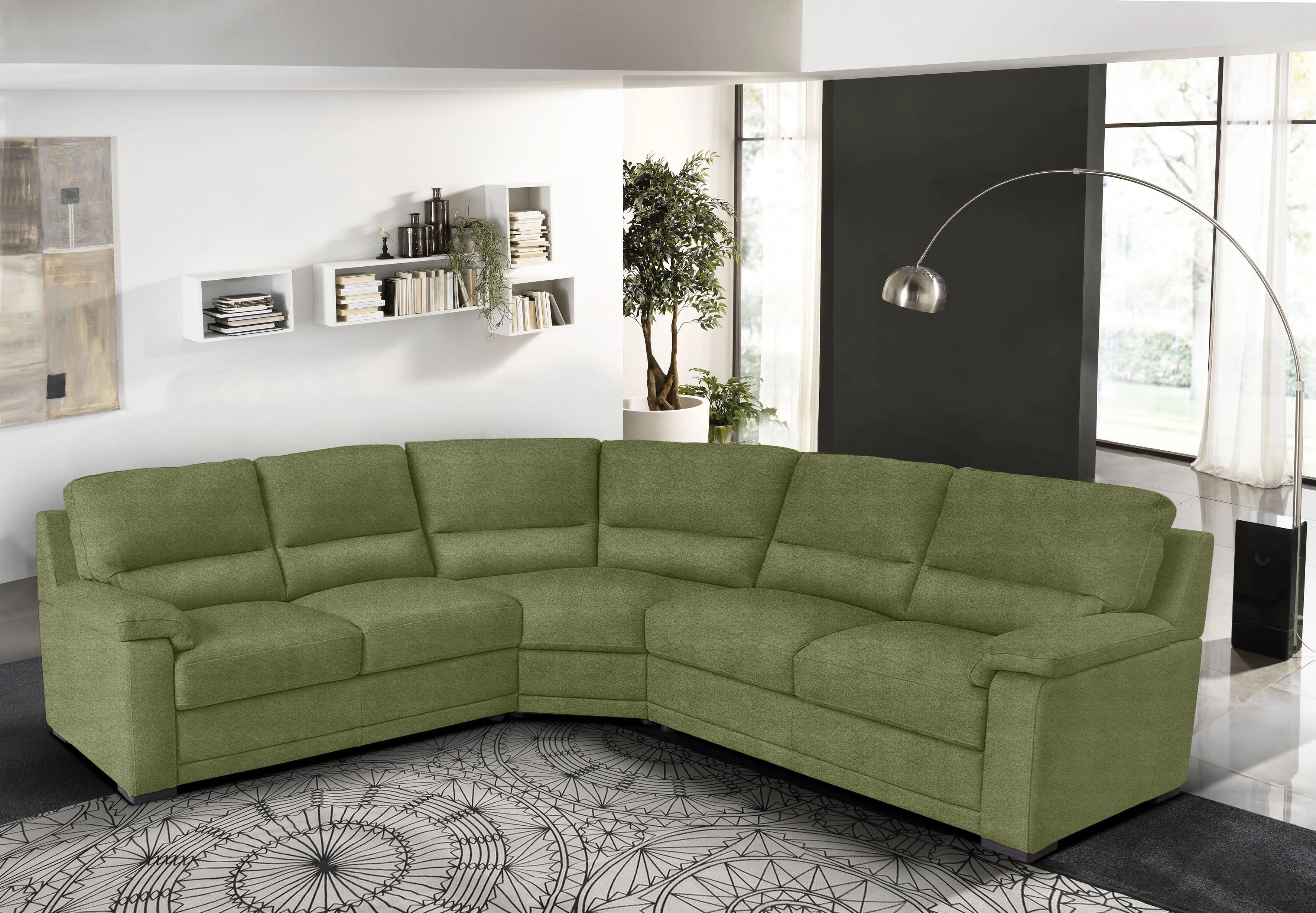 Ecksofa EGOITALIANO "Doris, modernes Designerecksofa in hochwertigen Microfaserqualitäten", grün (kiwi), B:266cm H:90cm T:246cm, Luxus-Mikrofaser BLUSH (100% Polyester) ist ein innovatives Mikrofasergewebe mit wasser- und fleckenabweisenden Eigenschaften. Sie verhindert das Eindringen von Flüssigkeiten und Ölen in das Textilgewebe. Mit einer neutralen Seifenlösung können Flecken von Kaffee, Tee, Wein, Fruchtsaft, Marmelade, Schokolade, Ketchup und anderen eiweiß- und fruchtsäurehaltige Lebensmitteln entfernt werden. Anschließend mit klarem Wasser ausspülen bzw. nachwischen. Mit einer Vorbehandlung mit Ethylalkohol und einer anschließenden Behandlung mit neutraler Seifenlösung können auch Flecken durch Kugelschreiber, Filzstiften, Kaugummi und Ölen entfernt werden. Anschließend mit klarem Wasser auswaschen bzw. nachwischen. Bitte beachte, dass die Fleckenentfernung unverzüglich nach Verschmutzung durchgeführt werden muss, um ein zufriedenstellendes Ergebnis zu erreichen., Sofas, edle Detailverarbeitung, wahlweise fleckenabweisend oder in Lederoptik