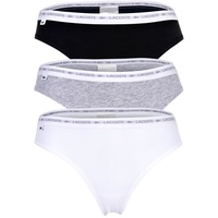 Lacoste Damen Strings, 3er Pack - Thong, Unterwäsche, Cotton Stretch, Logobund, einfarbig Schwarz/Grau/Weiß M