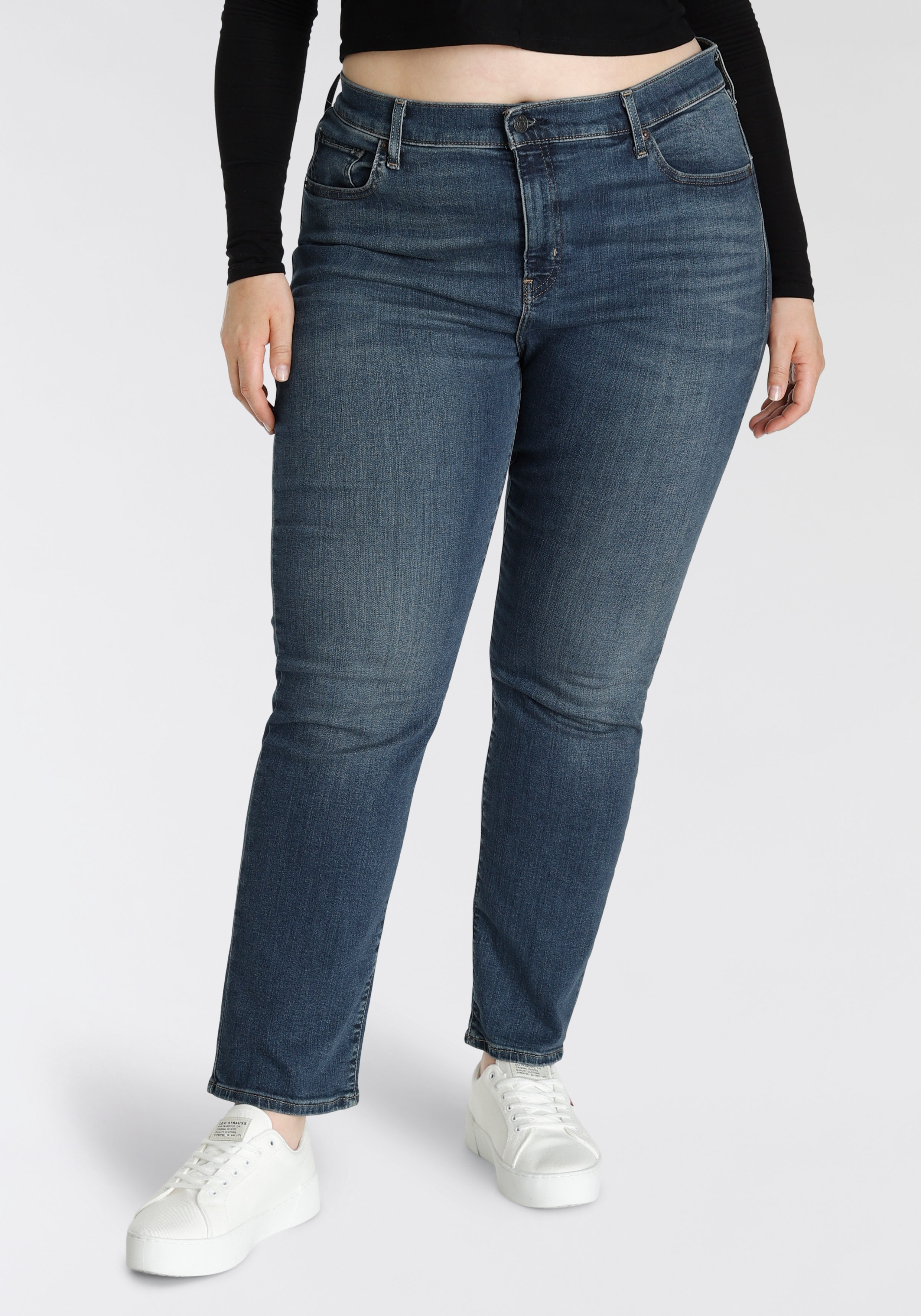 Straight-Jeans LEVI'S PLUS "724 PL HR STRAIGHT" Gr. 14 (44), Länge 32, blau (dark indigo worn in) Damen Jeans Gerade