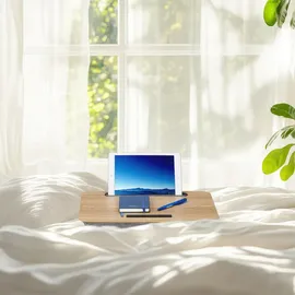 Relaxdays Laptopkissen mit Handyhalter, BxT: 42 x 32 cm, Laptopunterlage für Bett & Sofa, Laptop Knietablett, Natur/grau