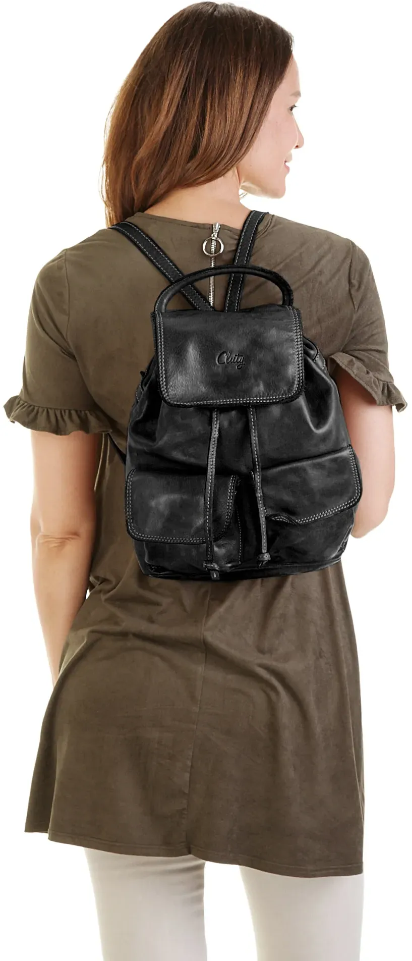 Cityrucksack CLUTY, Damen, Gr. B/H/T: 32cm x 28cm x 12cm, onesize, schwarz, Leder, Rindsleder, Retro, Rucksäcke Cityrucksack, echt Leder, Made in Italy